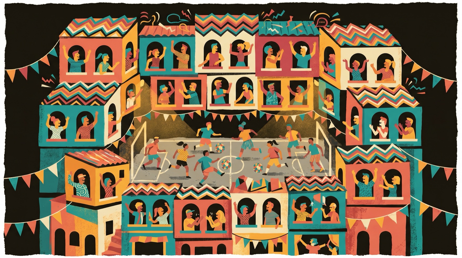 Mural Barrio Global: casitas latinas apiladas como gradas con una cancha escondida
